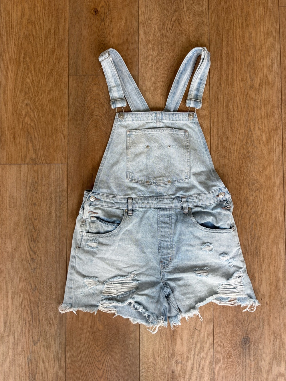We The Free Light Blue Distressed Denim Overall Shorts